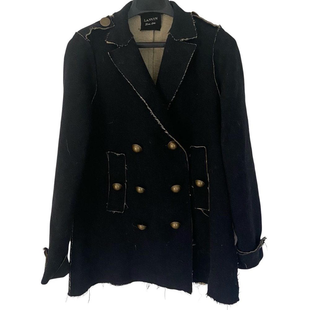 Lanvin 100% Wool Double Breasted Jacket Sz 36 Black Tan Raw Edge Finish